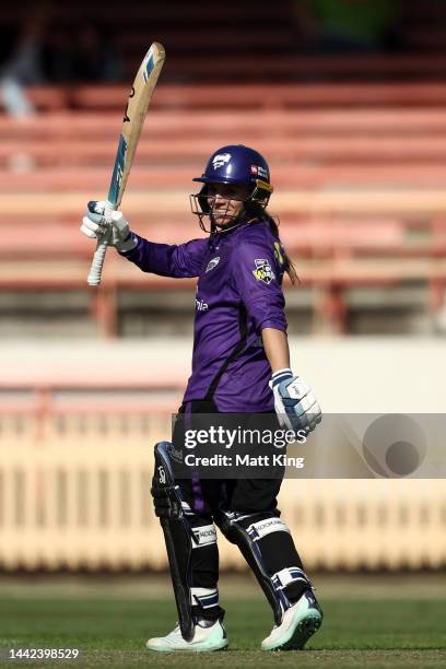 Mignon du Preez of the Hurricanes celebrates after scoring a half century during the Women's Big Bash League match between the Adelaide Strikers and...