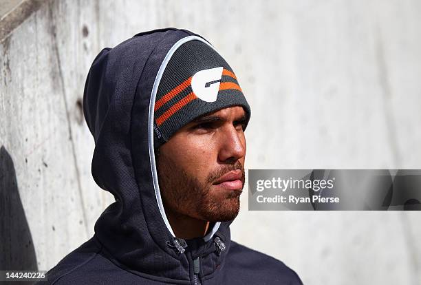 Curtly Hampton of the Giants looks on before the round seven AFL match between the Greater Western Sydney Giants and the Gold Coast Suns at Manuka...