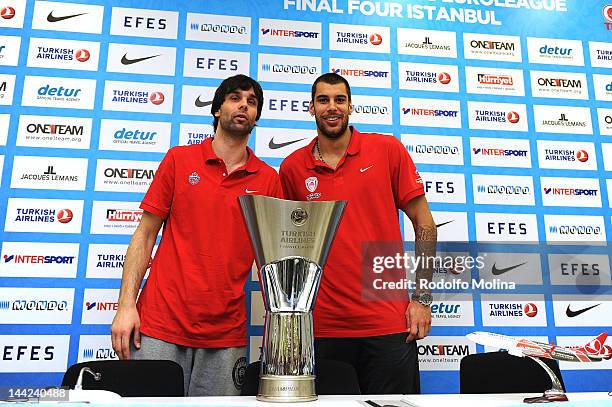 Milos Teodosic, #4 of CSKA Moscow and Georgios Printezis, #15 of Olympiacos Piraeus poses with Champion Trophy during the Turkish Airlines Euroleague...