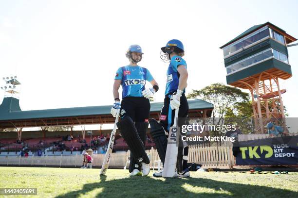 Laura Wolvaardt and Katie Mack of the Strikers prepares to bat during the Women's Big Bash League match between the Adelaide Strikers and the Hobart...