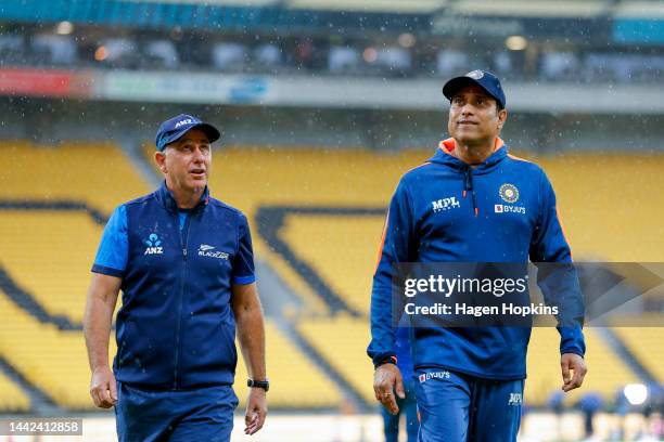 Coach Gary Stead and Coach VVS Laxman of India look at the weather prior to game one of the T20 International series between New Zealand and India at...