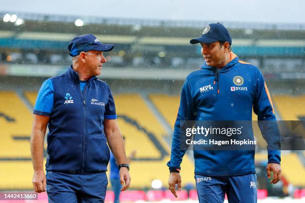 Coach Gary Stead and Coach VVS Laxman of India talk prior to game one of the T20 International series between New Zealand and India at Sky Stadium on...