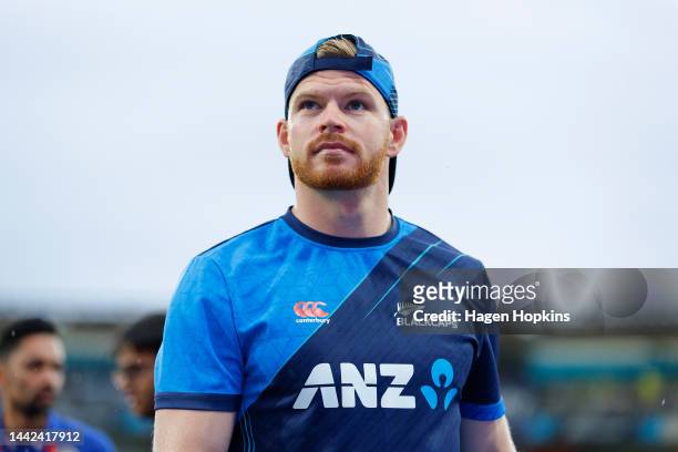 Glenn Phillips of New Zealand looks on prior to game one of the T20 International series between New Zealand and India at Sky Stadium on November 18,...