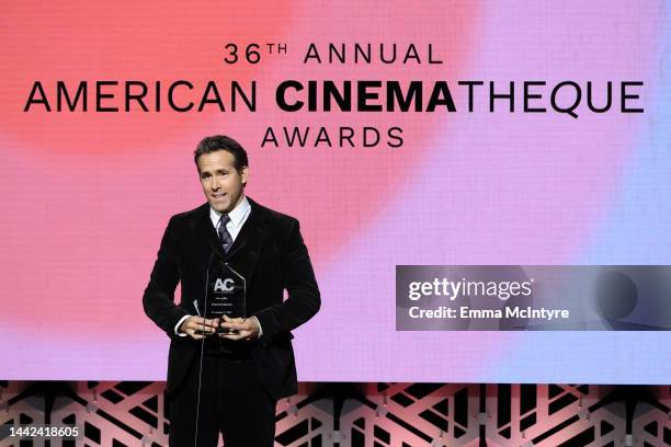 Honoree Ryan Reynolds, recipient of the American Cinematheque Award, speaks onstage during the 36th Annual American Cinematheque Awards at The...