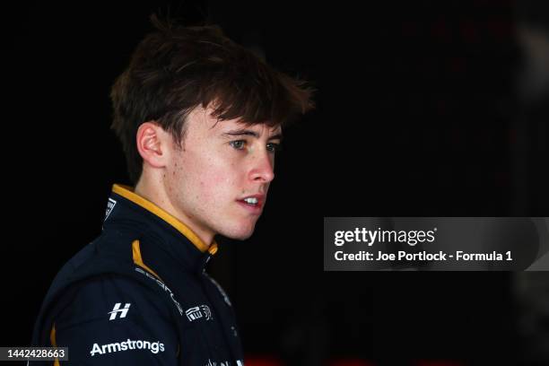 Marcus Armstrong of New Zealand and Hitech Grand Prix looks on in the garage during practice ahead of Round 14:Yas Island of the Formula 2...