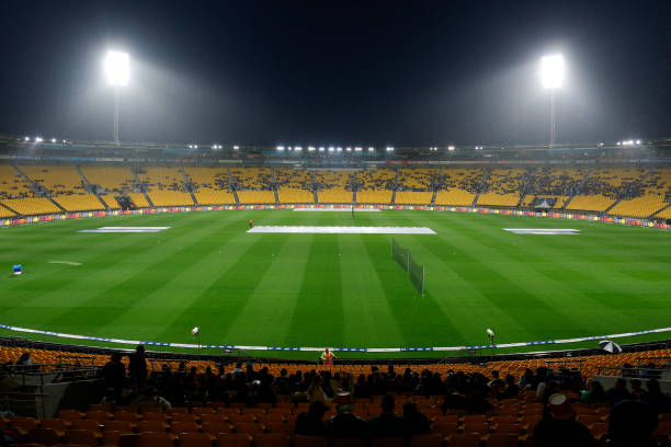 Rain falls during a delay in game one of the T20 International series between New Zealand and India at Sky Stadium on November 18, 2022 in...