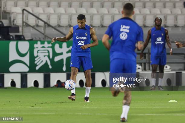 Kylian Mbappe of France attends a training session at Al Sadd SC Stadium on November 17, 2022 in Doha, Qatar.