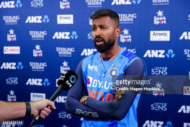 Hardik Pandya of India speaks to media during game one of the T20 International series between New Zealand and India at Sky Stadium on November 18,...