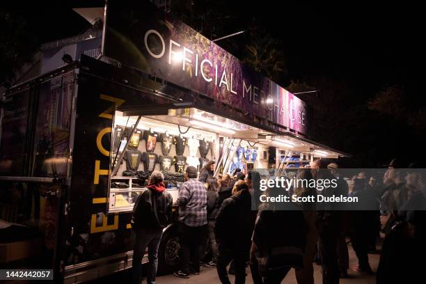 View of Elton John concert merchandise during the Farewell Yellow Brick Road tour at Dodger Stadium on November 17, 2022 in Los Angeles, California.