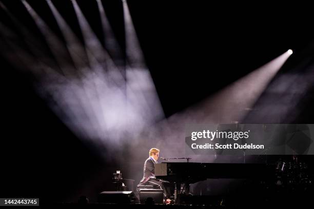 Musician Sir Elton John performs onstage during the Farewell Yellow Brick Road tour at Dodger Stadium on November 17, 2022 in Los Angeles, California.