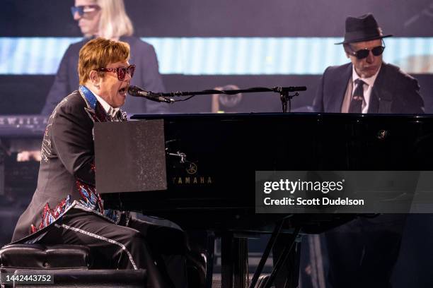 Musician Sir Elton John performs onstage during the Farewell Yellow Brick Road tour at Dodger Stadium on November 17, 2022 in Los Angeles, California.