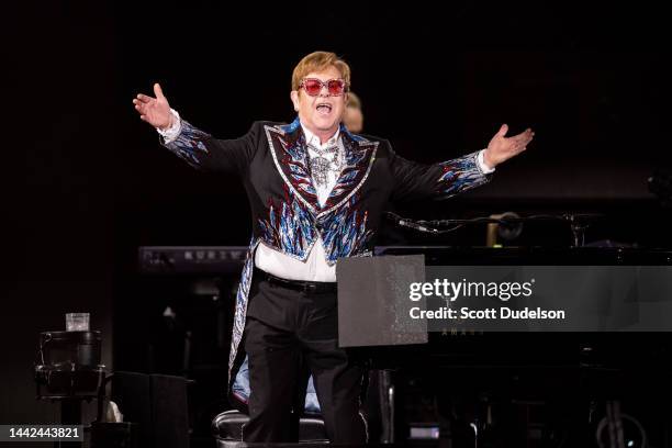 Musician Sir Elton John performs onstage during the Farewell Yellow Brick Road tour at Dodger Stadium on November 17, 2022 in Los Angeles, California.