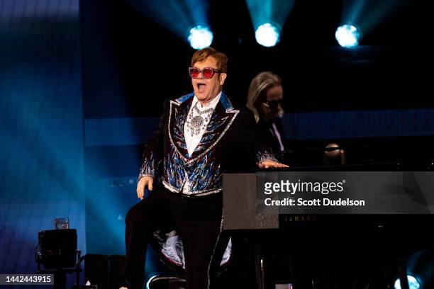 Musician Sir Elton John performs onstage during the Farewell Yellow Brick Road tour at Dodger Stadium on November 17, 2022 in Los Angeles, California.
