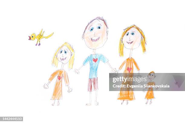 child's drawing happy family together. mom, dad and two daughters. - children drawing white background bildbanksfoton och bilder