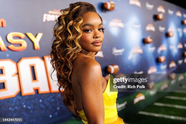 Actress Marsai Martin arrives at the "Fantasy Football" Premiere & Event at Paramount Studios, Sherry Lansing Theatre on November 17, 2022 in Los...