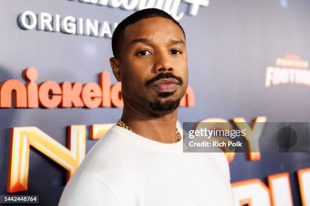 Actor Michael B Jordan arrives at the "Fantasy Football" Premiere & Event at Paramount Studios, Sherry Lansing Theatre on November 17, 2022 in Los...