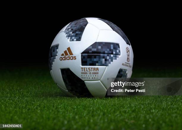 Detailed view of the adidas Telstar 18, model official match ball of the 2018 FIFA World Cup in Russia. He ball features an NFC chip that makes it...