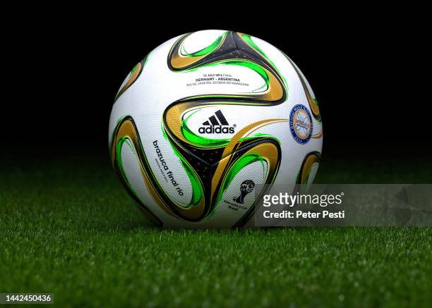 Detailed view of the adidas Brazuca the official match ball of the 2014 FIFA World Cup in Brazil. This actual ball was used during the Final between...