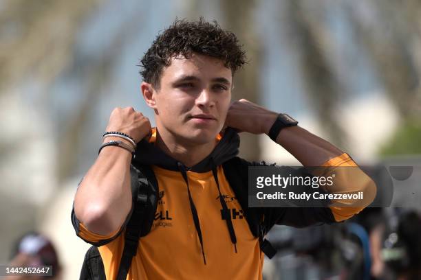 Lando Norris of Great Britain and McLaren walks in the paddock prior to practice ahead of the F1 Grand Prix of Abu Dhabi at Yas Marina Circuit on...