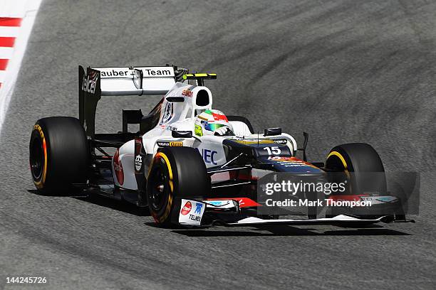 Sergio Perez of Mexico and Sauber F1 drives during qualifying for the Spanish Formula One Grand Prix at the Circuit de Catalunya on May 12, 2012 in...