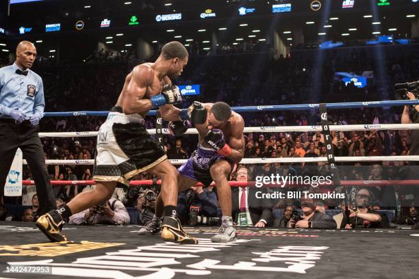 January 20: Errol Spence Jr defeats Lamont Peterson by RTD in the 10th round in their Championship Welterweight fight at the Barclay Center in...