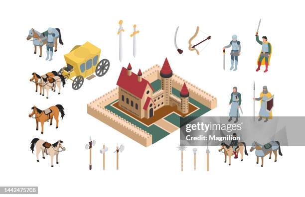 castle and knights isometric set - castle interior stock illustrations