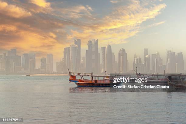 fog and sun over the gulf, doha, qatar - doha desert stock pictures, royalty-free photos & images