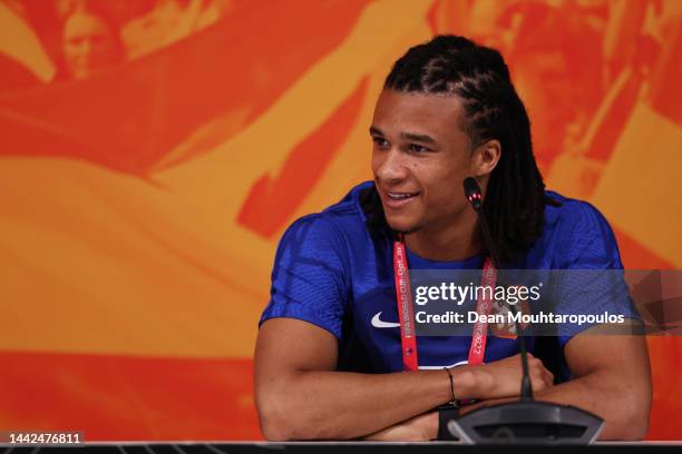 Nathan Ake of Netherlands speaks during the Netherlands Press Conference at Qatar University training complex on November 18, 2022 in Doha, Qatar.