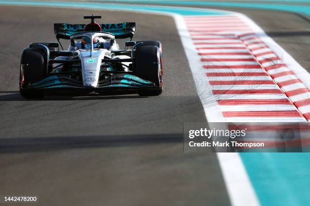 George Russell of Great Britain driving the Mercedes AMG Petronas F1 Team W13 on track during practice ahead of the F1 Grand Prix of Abu Dhabi at Yas...
