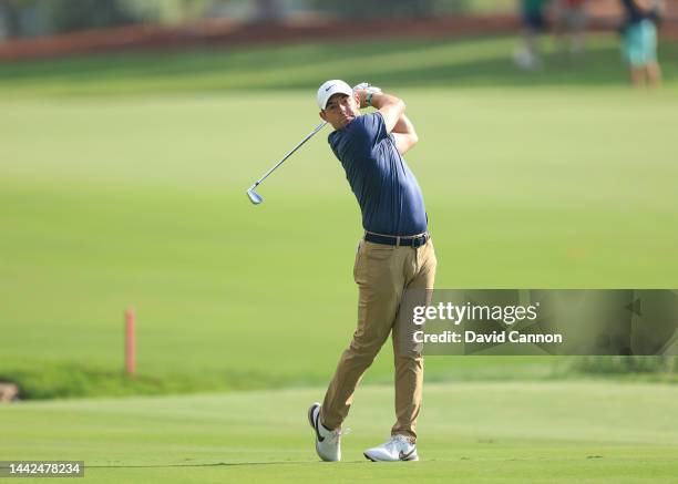 Frame 11 of sequence; Rory McIlroy of Northern Ireland plays his second shot on the 18th hole that led to his eagle 3 finish during the second round...