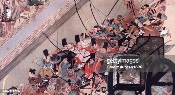 ilustrações, clipart, desenhos animados e ícones de arte do japão, homem nobre japonês andando em carruagem cercado por samurai, século 19 - samurai