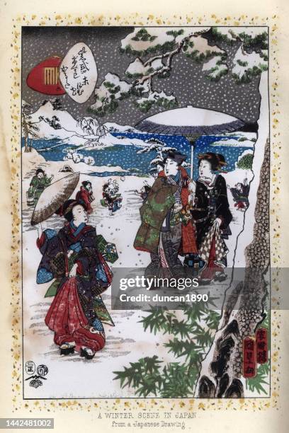 ilustraciones, imágenes clip art, dibujos animados e iconos de stock de arte de japón, escena invernal japonesa, gente caminando en la nieve, niños lanzando bolas de nieve en el fondo, siglo 19 - arte-xilográfico-en-estilo-oriental