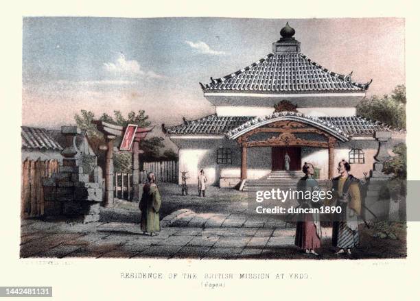 residence of the british mission at yedo, japan, traditional japanese architecture, 19th century - edo period stock illustrations