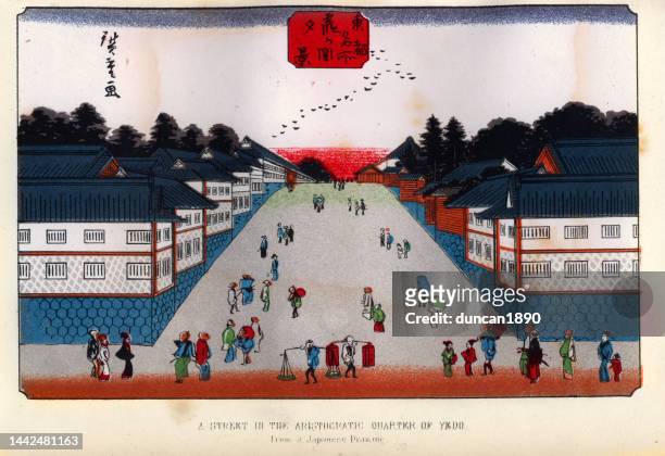 stockillustraties, clipart, cartoons en iconen met street in the aristocratic quarter of yedo, japan, japanese art, 19th century, vintage illustration - edoperiode