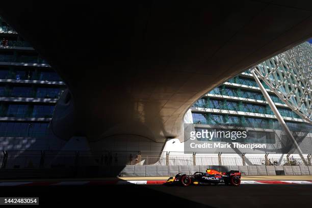 Sergio Perez of Mexico driving the Oracle Red Bull Racing RB18 on track during practice ahead of the F1 Grand Prix of Abu Dhabi at Yas Marina Circuit...