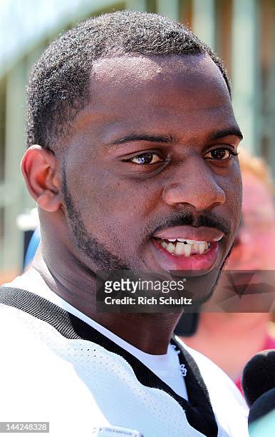 Fletcher Cox of the Philadelphia Eagles is interviewed after practice during rookie mini-camp at their practice facility on May 12, 2012 in...