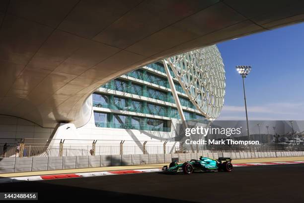 Sebastian Vettel of Germany driving the Aston Martin AMR22 Mercedes on track during practice ahead of the F1 Grand Prix of Abu Dhabi at Yas Marina...