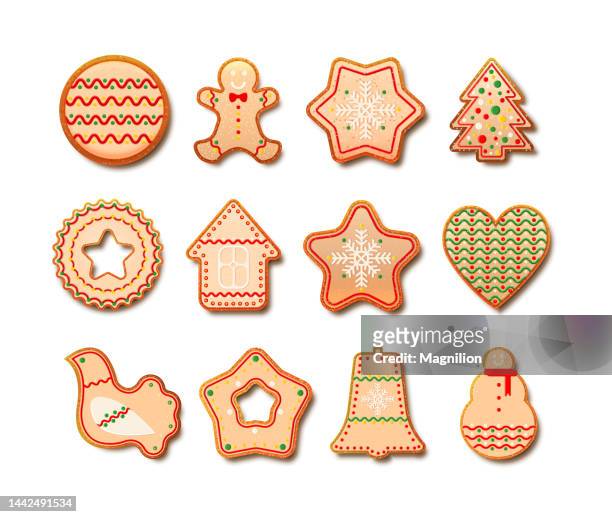 ilustraciones, imágenes clip art, dibujos animados e iconos de stock de galletas de navidad, galletas de jengibre, set vectorial - gingerbread house