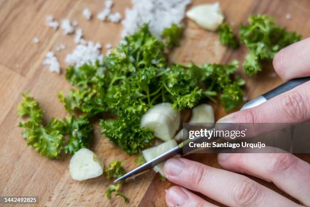 chopping garlic and parsley on a wooden cutting board - perejil fotografías e imágenes de stock