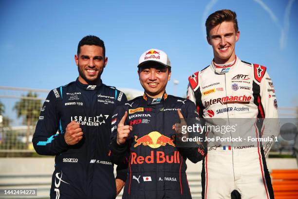 Pole position qualifier Ayumu Iwasa of Japan and DAMS , Second placed qualifier Roy Nissany of Israel and DAMS and Third placed qualifier Theo...