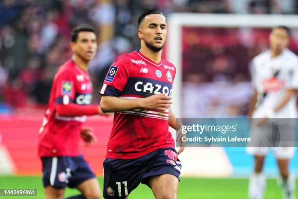 Adam Ounas of Lille OSC in action during the Ligue 1 match between Lille OSC and Angers SCO at Stade Pierre-Mauroy on November 13, 2022 in Lille,...