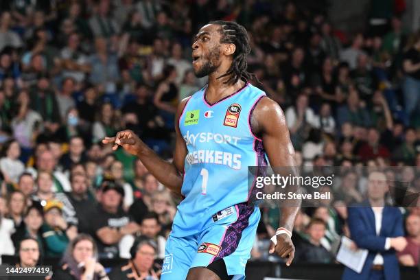 Barry Brown Jr of the Breakers celebrates during the round 7 NBL match between Tasmania Jackjumpers and New Zealand Breakers at Silverdome, on...