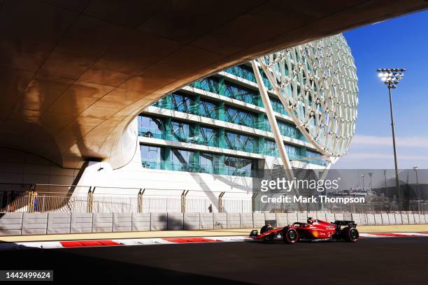 Charles Leclerc of Monaco driving the Ferrari F1-75 on track during practice ahead of the F1 Grand Prix of Abu Dhabi at Yas Marina Circuit on...