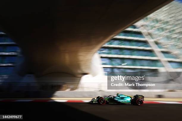 Sebastian Vettel of Germany driving the Aston Martin AMR22 Mercedes on track during practice ahead of the F1 Grand Prix of Abu Dhabi at Yas Marina...