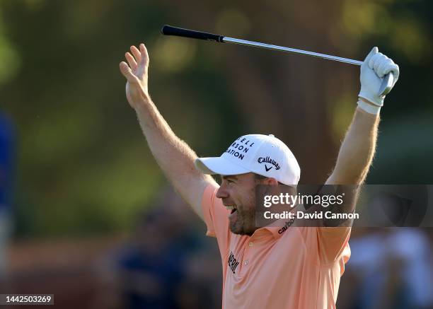 Richie Ramsay of Scotland celebrates holing his third shot from almost 200yards for an eagle three on the 18th hole during the second round on Day...