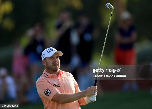 Richie Ramsay of Scotland celebrates holing his third shot from almost 200yards for an eagle three on the 18th hole during the second round on Day...