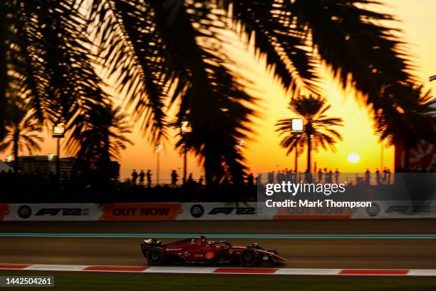 Charles Leclerc of Monaco driving the Ferrari F1-75 on track during practice ahead of the F1 Grand Prix of Abu Dhabi at Yas Marina Circuit on...