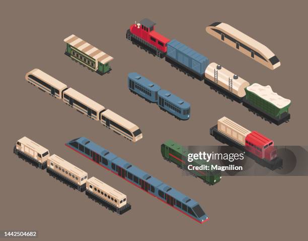 train isometric vector set - train vehicle stock illustrations