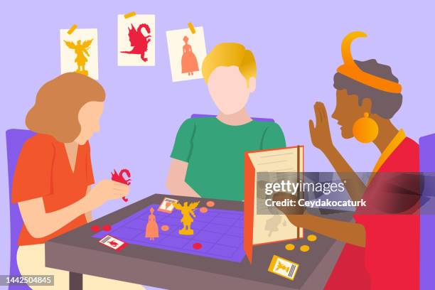 illustrazioni stock, clip art, cartoni animati e icone di tendenza di adulti che giocano intorno al tavolo in un ruolo di gioco. - gioco di ruolo
