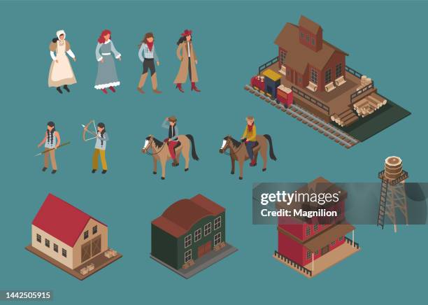 western town isometric vector set - ghost town stock illustrations